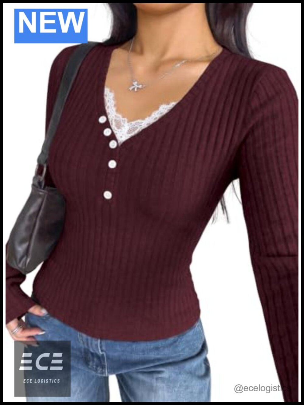 Women's V Neck Long Sleeve Lace Trim Button Down Fitted Shirt Slim Fit